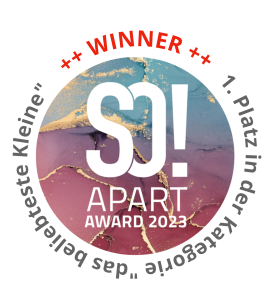 Auszeichnung als Gewinner des SO!Apart Award 2023. 1. Platz in der Kategorie "das beliebteste Kleine"